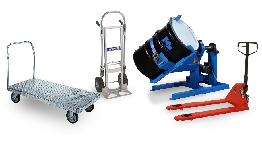Línea de productos Douglas Equipment — plataforma, carro de mano, manejador de tambores y transpaleta